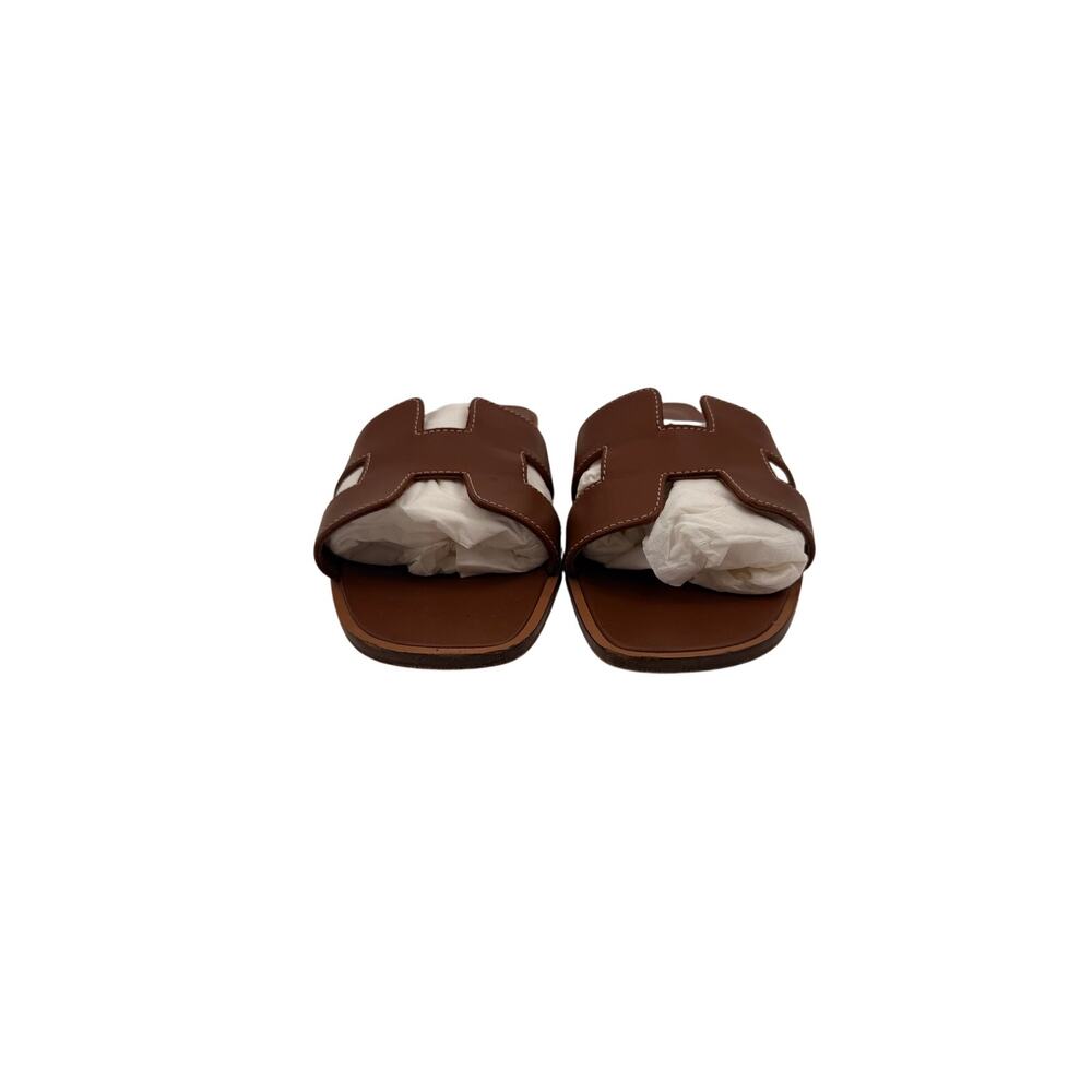Hermes Oran Leather Open Toe Slip-On Flats Slide Sandals Brown Women's Size 38 - Picture 2 of 8